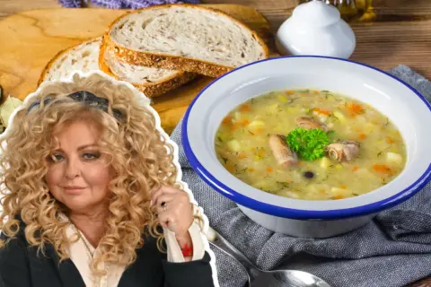 Magda Gessler poleca swój pyszny krupnik. Aromatyczna zupa z kaszą, warzywami i mięsem, podana z chlebem.