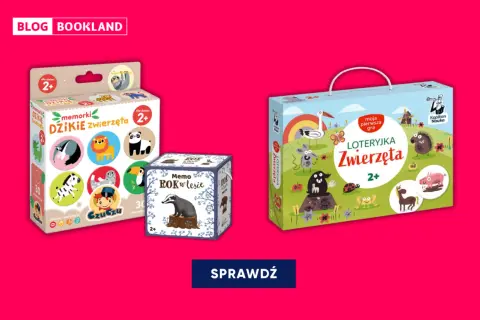 Trzy pudełka z grami planszowymi dla dzieci: "Memorki Dziki Zwierzęta", "Memo Rok w lesie" i "Loteryjka Zwierzęta".