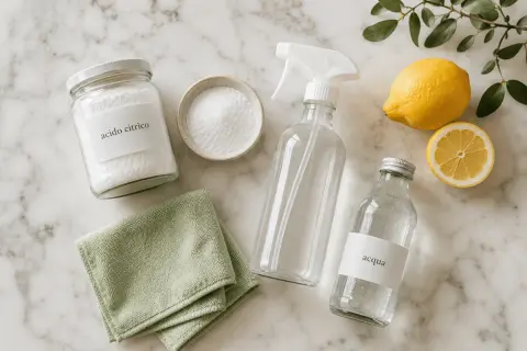 Ingredienti per come fare l'ammorbidente: acido citrico, acqua, limone e un panno.