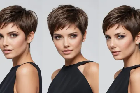 Drei Ansichten einer Frau mit einer modernen Pixie-Frisur und einem schwarzen Kleid.