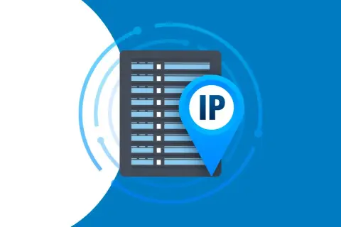 Ikona lokalizacji z literami "IP" na tle serwerów. Dowiedz się, jak sprawdzić IP komputera.