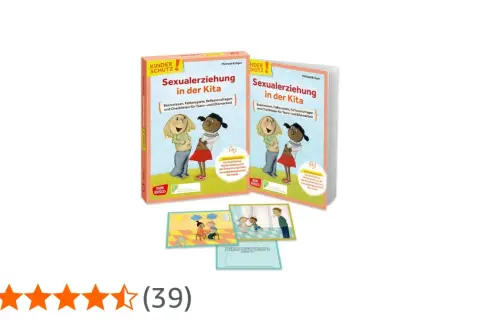 Materialien für Sexualerziehung in der Kita: Bücher und Karten mit kindgerechten Illustrationen, die pädagogische Konzepte vermitteln.