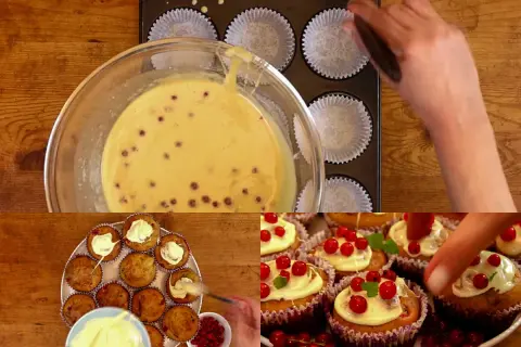 Przygotowanie muffinek z porzeczkami: ciasto w misce, wkładanie do foremek i dekorowanie gotowych wypieków.