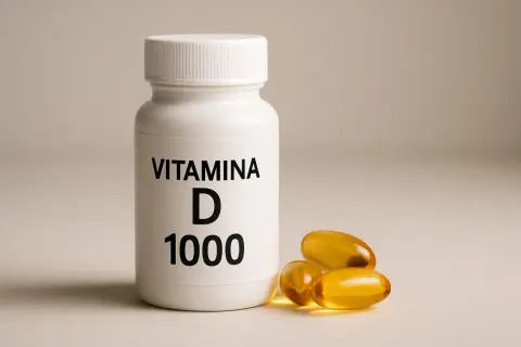 Flacone bianco con etichetta "VITAMINA D 1000" e tre capsule gialle trasparenti accanto.