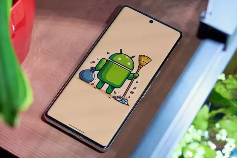 El robot de Android barre basura, simulando que es borrar caché.