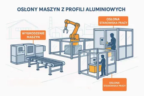 Ogrody maszyn z profili aluminiowych: wygrodzenie maszyn, osłona stanowiska pracy. Norma definicja bezpieczeństwa.