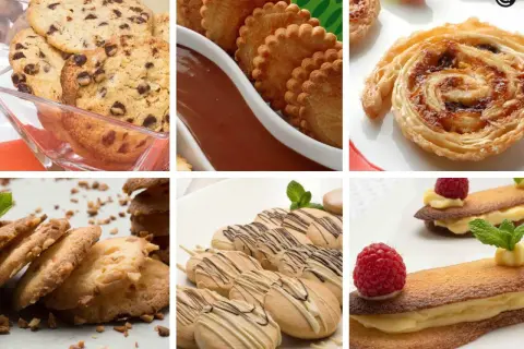 Variedad de recetas de galletas caseras sencillas: con chispas de chocolate, bañadas en chocolate, enrolladas y rellenas.