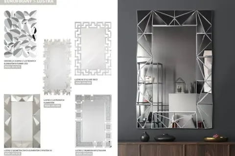 Nowoczesne lustro w przedpokoju z geometrycznymi, lustrzanymi elementami. Inspiracja, jak ozdobić lustro w przedpokoju, by dodać mu blasku.
