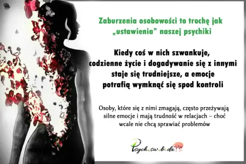 Sylwetka kobiety, z której wyłaniają się czerwone płatki, symbolizuje zaburzenia osobowości. Tekst wyjaśnia, jak wpływają one na codzienne życie i relacje.