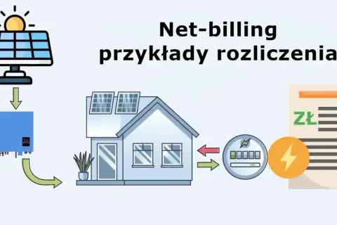 Schemat ilustruje rozliczenie net-billing dla prosumenta: panele słoneczne, falownik, dom, licznik i rachunek.