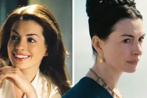 Anne Hathaway i två roller: en glad ung kvinna och en mer allvarlig, kanske en prinsessas dagbok 3.