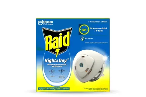 Elektrofumigator Raid Night&Day do gniazdka zapewnia 240 godzin ochrony przed komarami, działając dzień i noc.