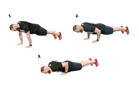 Trzy etapy pompki: start, opuszczanie i dół. W tym ćwiczeniu pracują klatka piersiowa, triceps i barki.