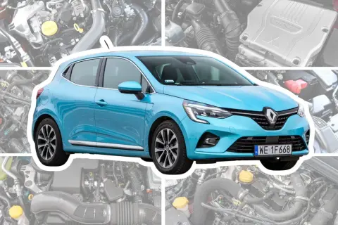 Niebieskie Renault Clio na tle silników. Poznaj szczegółowe clio dane techniczne i odkryj moc pod maską.