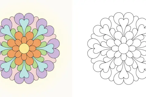 Mandala colorata e versione in bianco e nero, perfette per stampare semplici mandala da colorare e dare sfogo alla creatività.