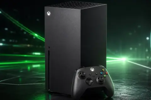 Czarny Xbox Series X, konsola nowej generacji, obok kontrolera na tle zielonych świateł.