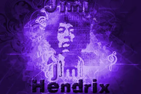 Jimi Hendrix w fioletowej poświacie, otoczony nutami i powtarzającym się imieniem. To hołd dla legendy gitary, której chwyty wciąż inspirują.