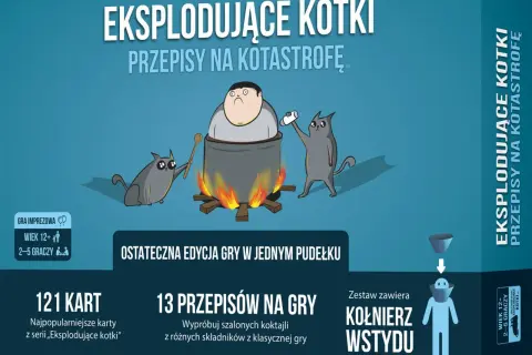 Eksplodujące kotki w kotle, jeden kotek dosypuje sól, drugi miesza. Gra karciana dla 2-5 graczy.