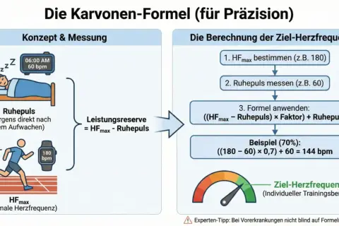 Diagramm zeigt, wie man den **puls bei anstrengung** berechnet. Es erklärt Ruhepuls, maximale Herzfrequenz und die Karvonen-Formel zur Ermittlung der Ziel-Herzfrequenz.
