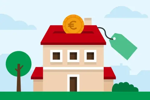 Casa con salvadanaio a forma di tetto, moneta euro e cartellino prezzo. Illustra i passaggi per acquisto casa con agenzia.