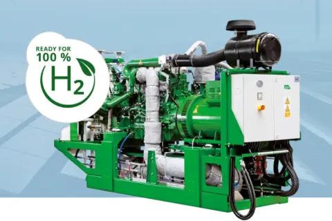 Zielony kogenerator gotowy na 100% wodór (H₂), zasilany czystą energią.