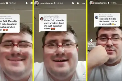Mann mit Brille reagiert auf Kommentare, darunter "Hartz und Herzlich Kommentare", die ihn zum Lachen bringen.