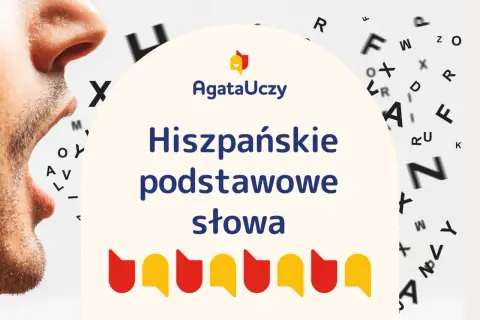 Nauka hiszpańskie podstawowe słowa z AgataUczy. Obok usta i litery w tle.