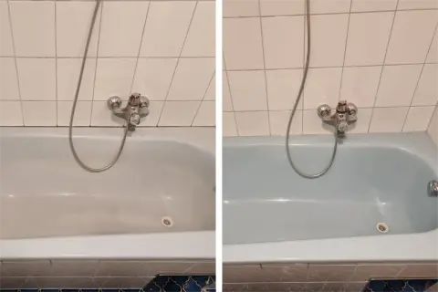Vorher-Nachher-Vergleich: Eine schmutzige Badewanne wird strahlend sauber. Das Ergebnis nach dem **Badewanne reinigen** ist beeindruckend.