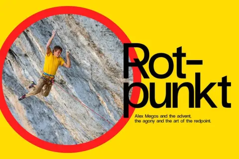 Kletterer Alex Megos im roten Punkt. Die Kunst des Rotpunktkletterns, die Anstrengung und der Triumph.