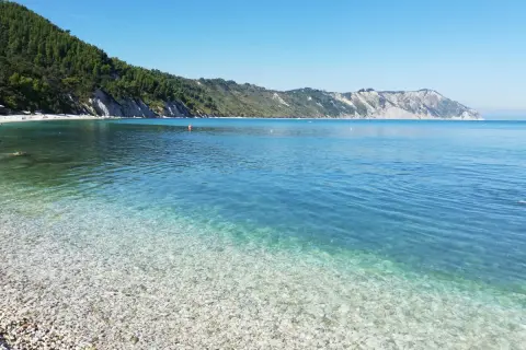 Acque cristalline e ciottoli bianchi sulla spiaggia di Ancona, con la costa verdeggiante e le maestose falesie sullo sfondo.