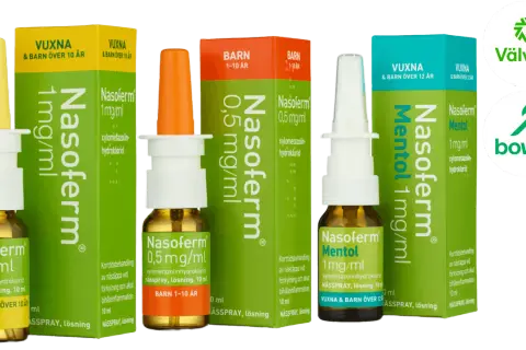 Nasoferm nässpray för vuxna och barn, lindrar nästäppa vid förkylning och akut bihåleinflammation. Finns med och utan mentol.