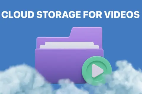 A purple folder icon with a play button, symbolizing cloud storage for videos, floats among soft clouds against a blue sky.