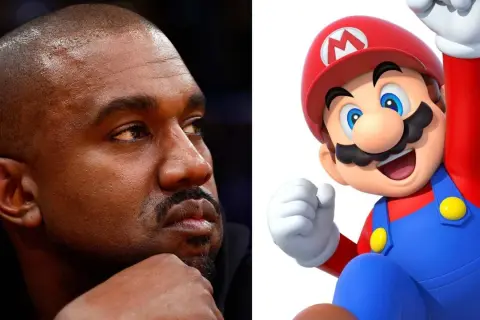 Kanye West i postać z gry Mario obok siebie.