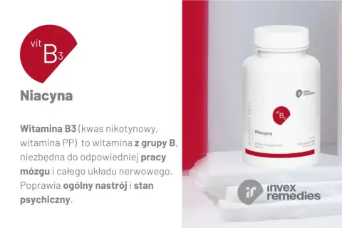 Witaj w świecie witaminy B3! Niacyna z Invex Remedies wspiera pracę mózgu i układu nerwowego, poprawiając nastrój.