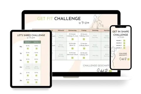 Trainingspläne für einen Softgainer: "Get Fit Challenge" und "Let's Shred Challenge" mit täglichen Workouts und Ruhetagen.