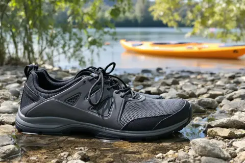 Szare buty sportowe na kamienistej plaży. Idealne, jakie buty na pielgrzymkę pieszą, by przemierzać szlaki i cieszyć się przyrodą.