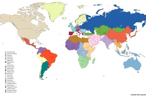 Mapa świata z podziałem na regiony. Turcja znajduje się w Europie Południowej, częściowo w Azji Mniejszej.