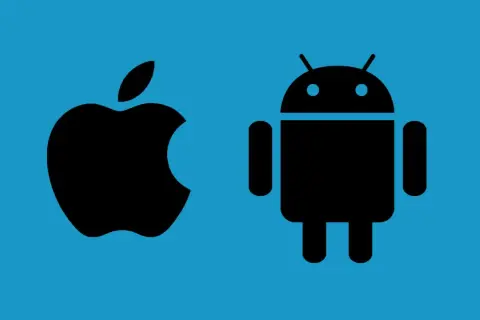 Logo Apple i Android na niebieskim tle. Dowiedz się, jak udostępnić internet przez bluetooth między tymi systemami.