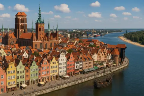 Kolorowe kamienice nad Motławą w Gdańsku, części Trójmiasta, Polska. W tle widać port i rzekę.