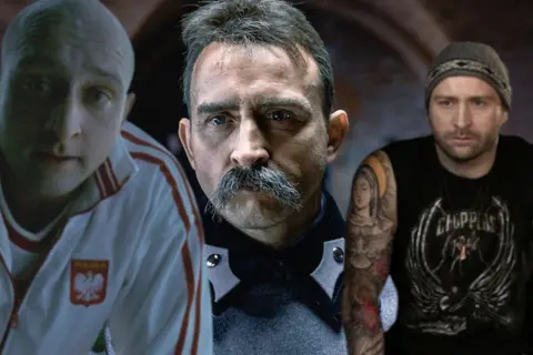 Borys Szyc w różnych rolach filmowych: łysy w dresie z orłem, z wąsem i w czapce.
