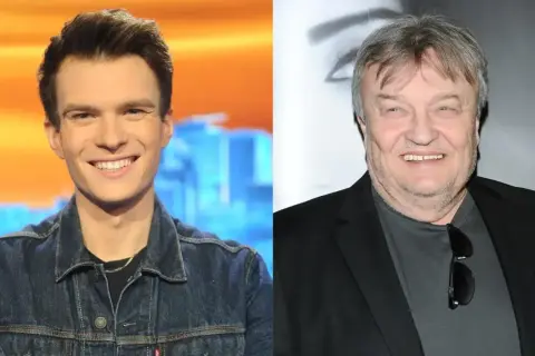 Młody mężczyzna w dżinsowej kurtce i starszy pan w marynarce, przypominający Krisa Cugowskiego.