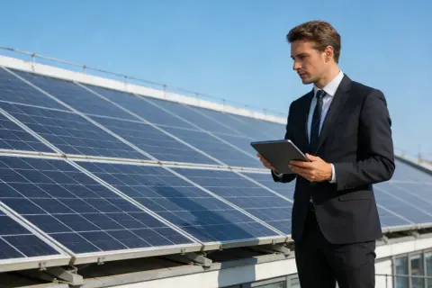Biznesmen analizuje dane na tablecie przy panelach fotowoltaicznych. Inwestycja w fotowoltaikę w koszty firmy to krok w stronę zielonej energii.
