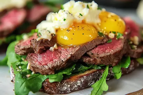En lyxig bookmaker toast med saftig biff, rucola, två perfekt stekta ägg och en klick potatismos.