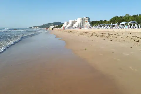 Piękna plaża w Albena Bułgaria. Fale obmywają piaszczysty brzeg, a w oddali widać hotele i rzędy parasoli.