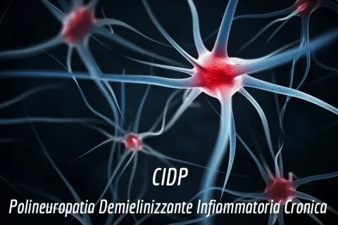 Neuroni stilizzati con testo "CIDP Polineuropatia Demielinizzante Infiammatoria Cronica", che può causare invalidità.