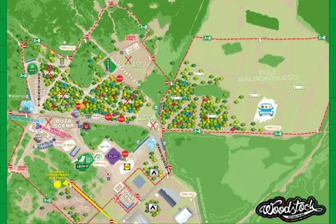 Mapa festiwalu Woodstock. Znajdziesz tu sceny, pola namiotowe, punkty gastronomiczne i informacyjne. Sprawdź, gdzie jest Woodstock!