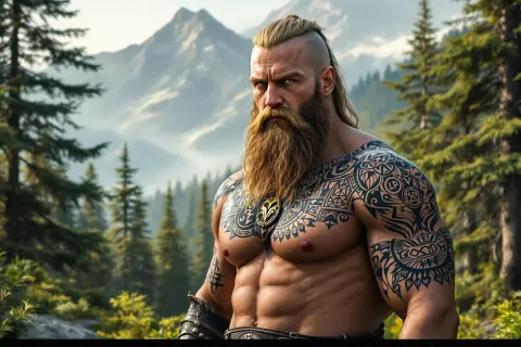 Ein Mann mit Bart und einem beeindruckenden Brust Tattoo im Wikinger-Stil steht in einer Berglandschaft.