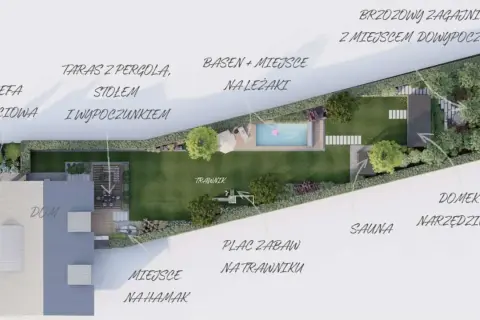 Aranżacje ogrodu: strefa wejściowa, taras z pergolą, basen, plac zabaw, domek narzędziowy, sauna, miejsce na hamak.