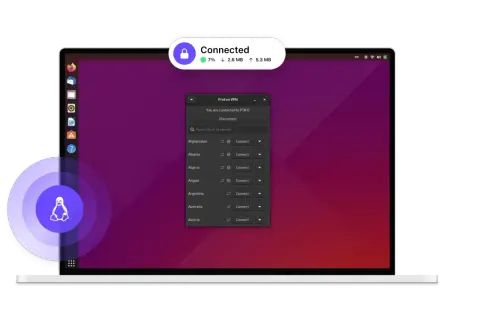Un portátil con **Proton** VPN conectado en **Linux**. La interfaz muestra la conexión activa y una lista de países para elegir.
