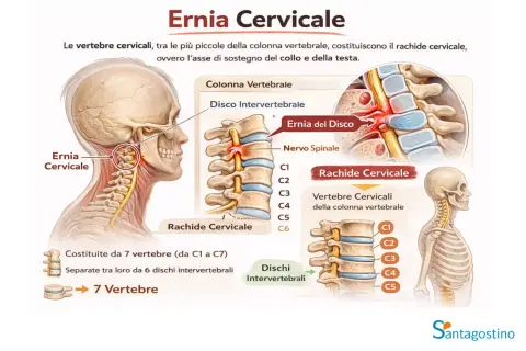 Illustrazione anatomica dell'ernia cervicale. Un massaggio cervicale mirato può alleviare le vertigini associate a questa condizione.